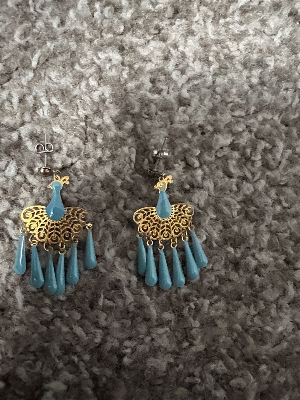 Gold Filigree Peacock Drop Earrings with Teal Blue Accents